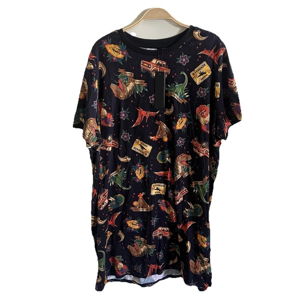 Dangerfield Dinosaur Dress Size 18 Tattoo Print Shirt Dress Length Cap Sleeve - Picture 2 of 7